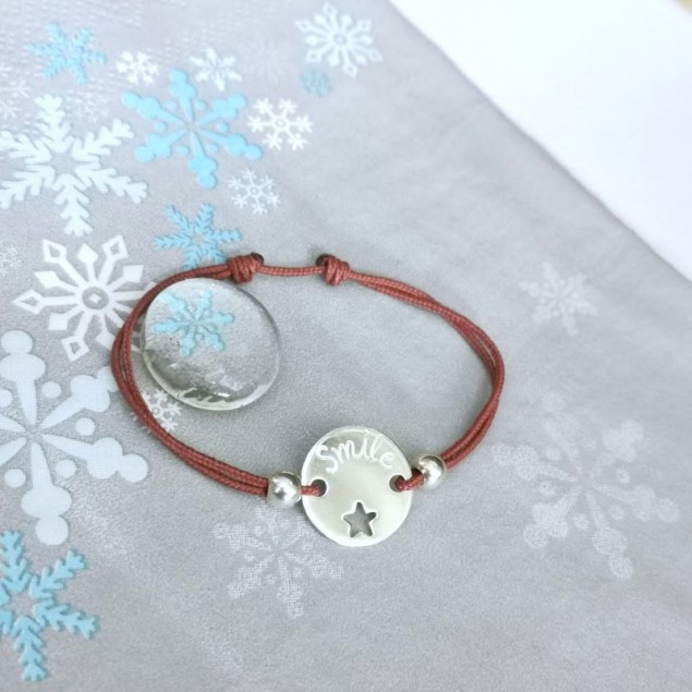 Bracelet personnalisé jeton ajouré étoile et perles- Argent